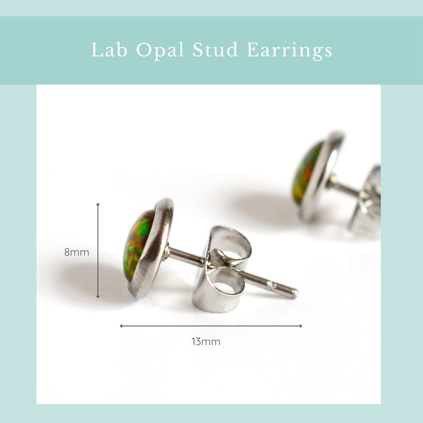 Size guide olive green lab Opal studs. Width 8mm, length 13mm.