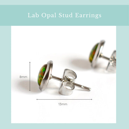 Size guide olive green lab Opal studs. Width 8mm, length 13mm.