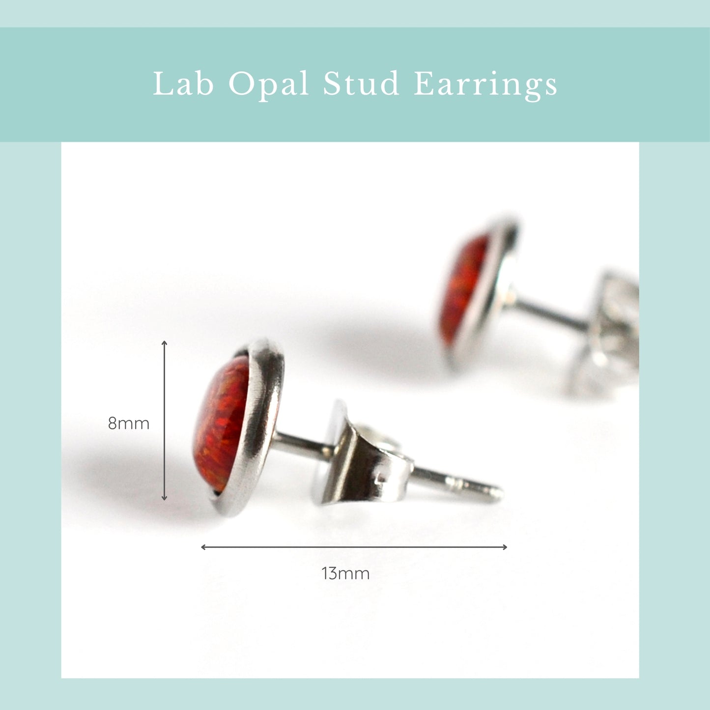 Size guide red lab Opal studs. Width 8mm, length 13mm.