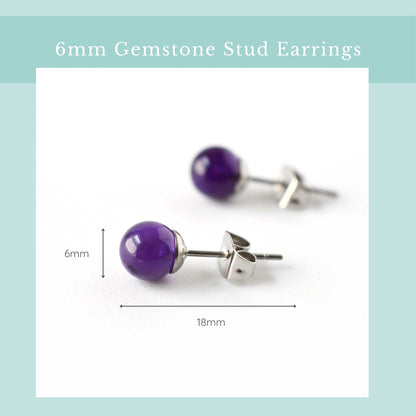 Purple gemstone stud earrings with measurements, width 6mm length 18mm.