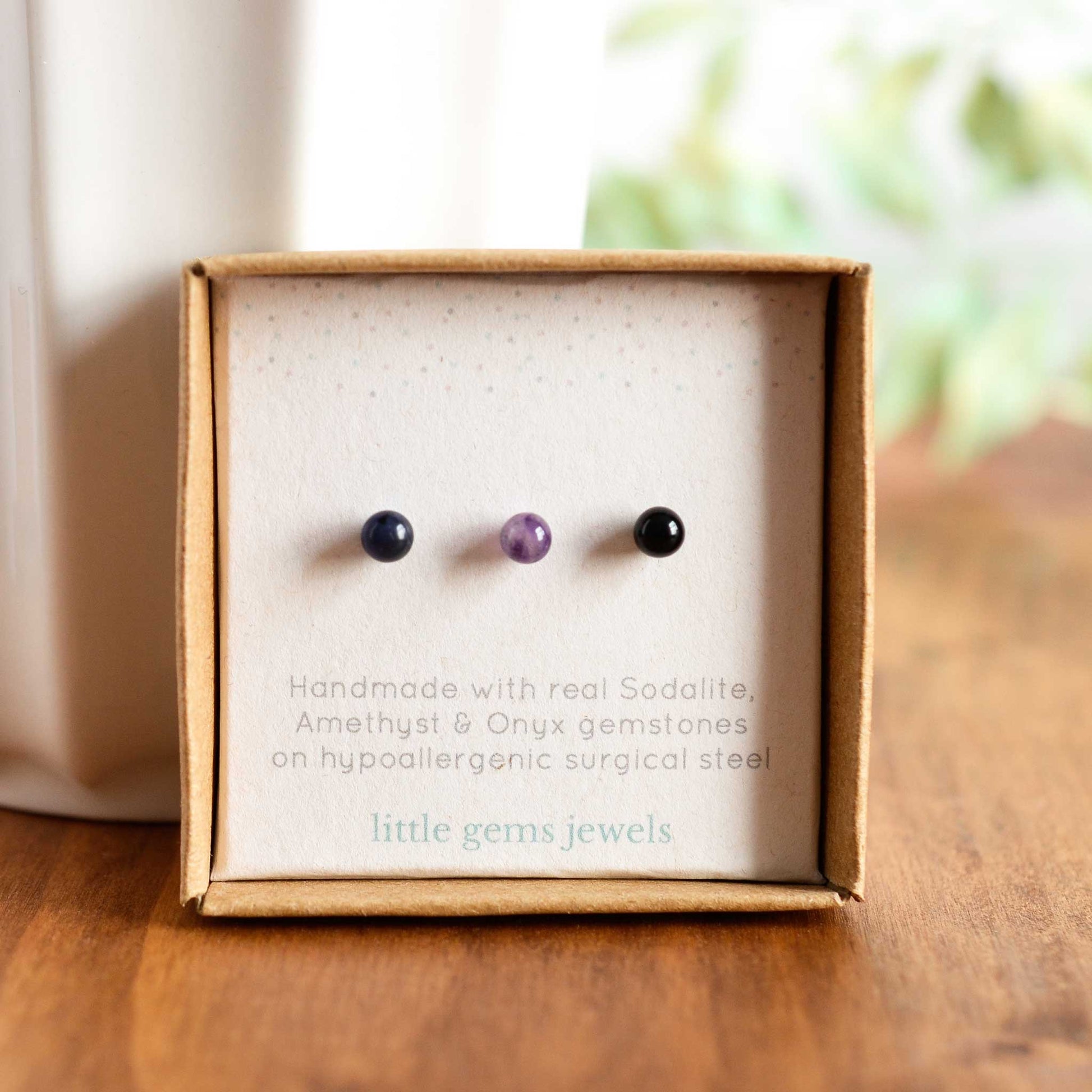 Sodalite, Amethyst & Onyx single stud earrings in eco friendly gift box