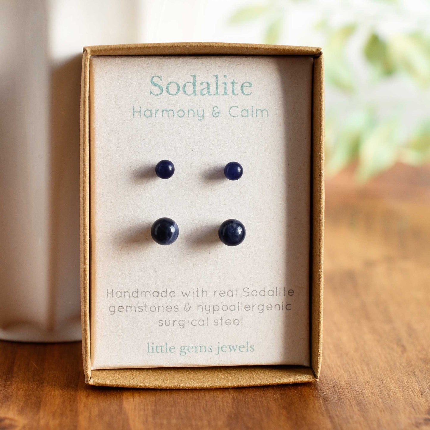 4mm & 6mm Sodalite gemstone stud earrings in eco friendly gift box
