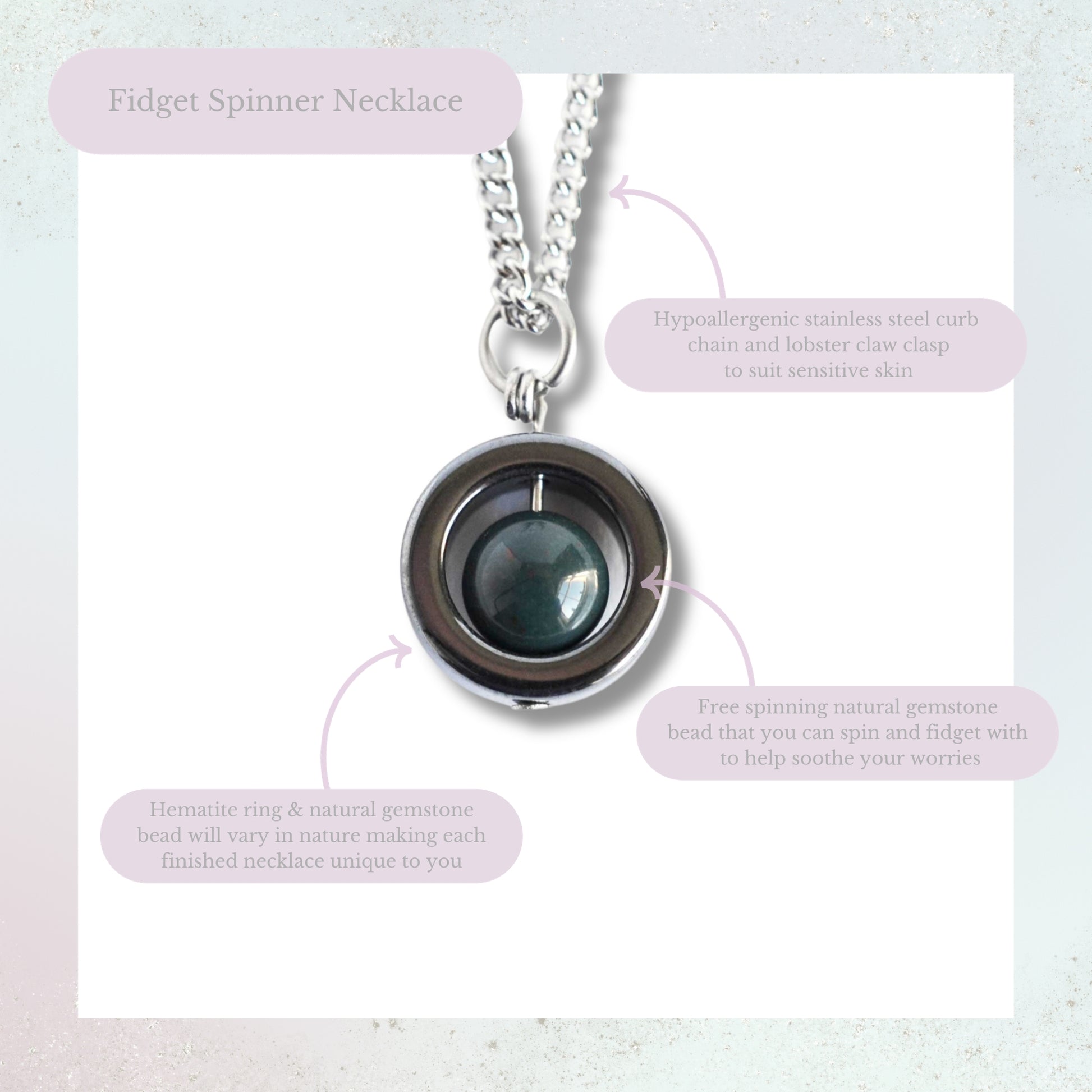 Gemstone fidget spinner necklace product information graphic