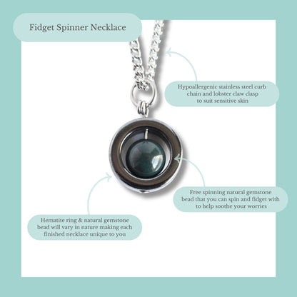 Gemstone fidget spinner necklace product information graphic