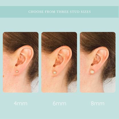 Choose from three sizes graphic showing model wearing 4mm, 6mm and 8mm faux pearl stud sizes in earlobe.