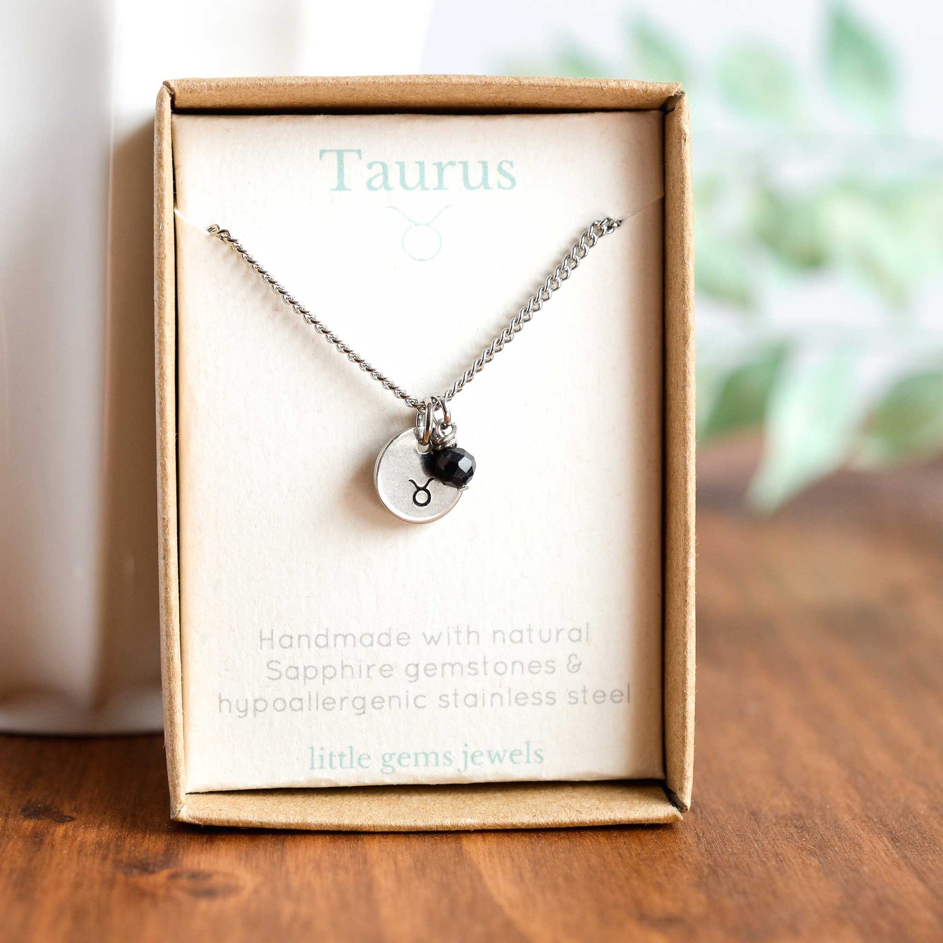 Taurus zodiac sign and stone necklace in eco-friendly gift box