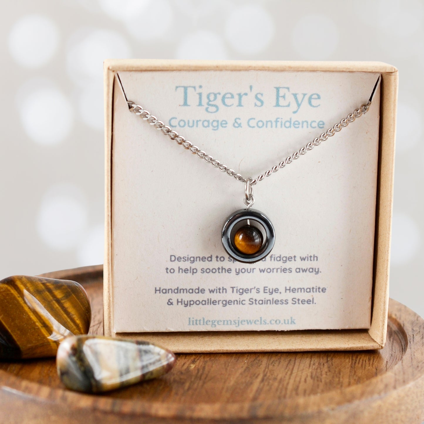 Tiger's Eye necklace on a display card, in an eco friendly gift box.