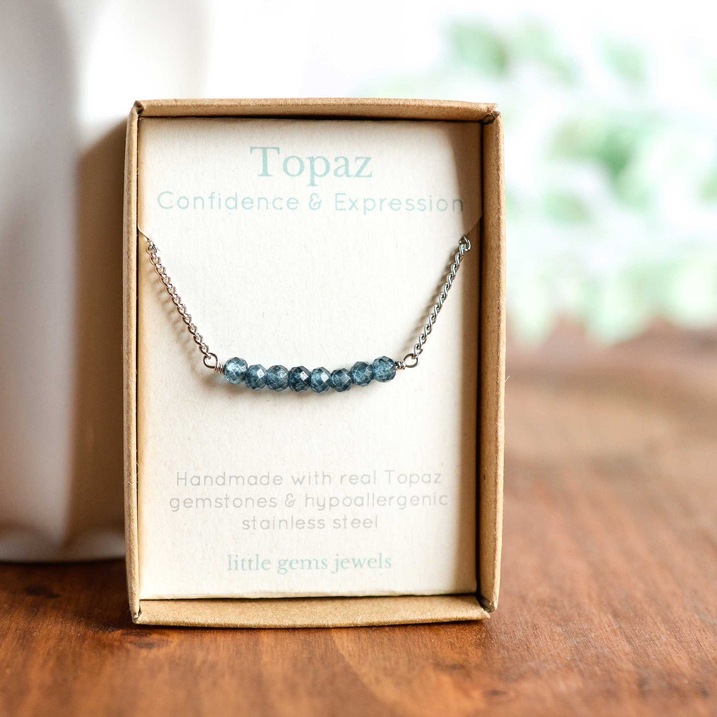 Dainty blue Topaz gemstone necklace in gift box