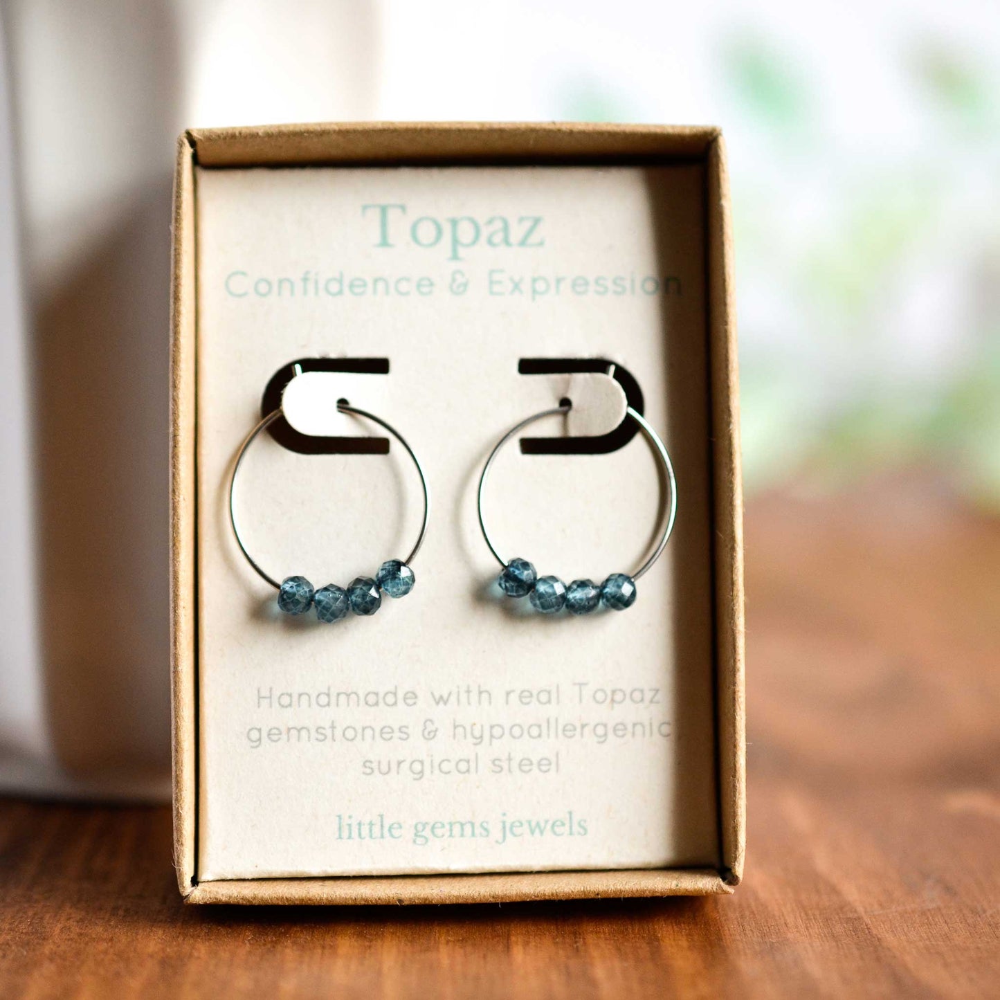 Blue Topaz gemstone hoop earrings in gift box