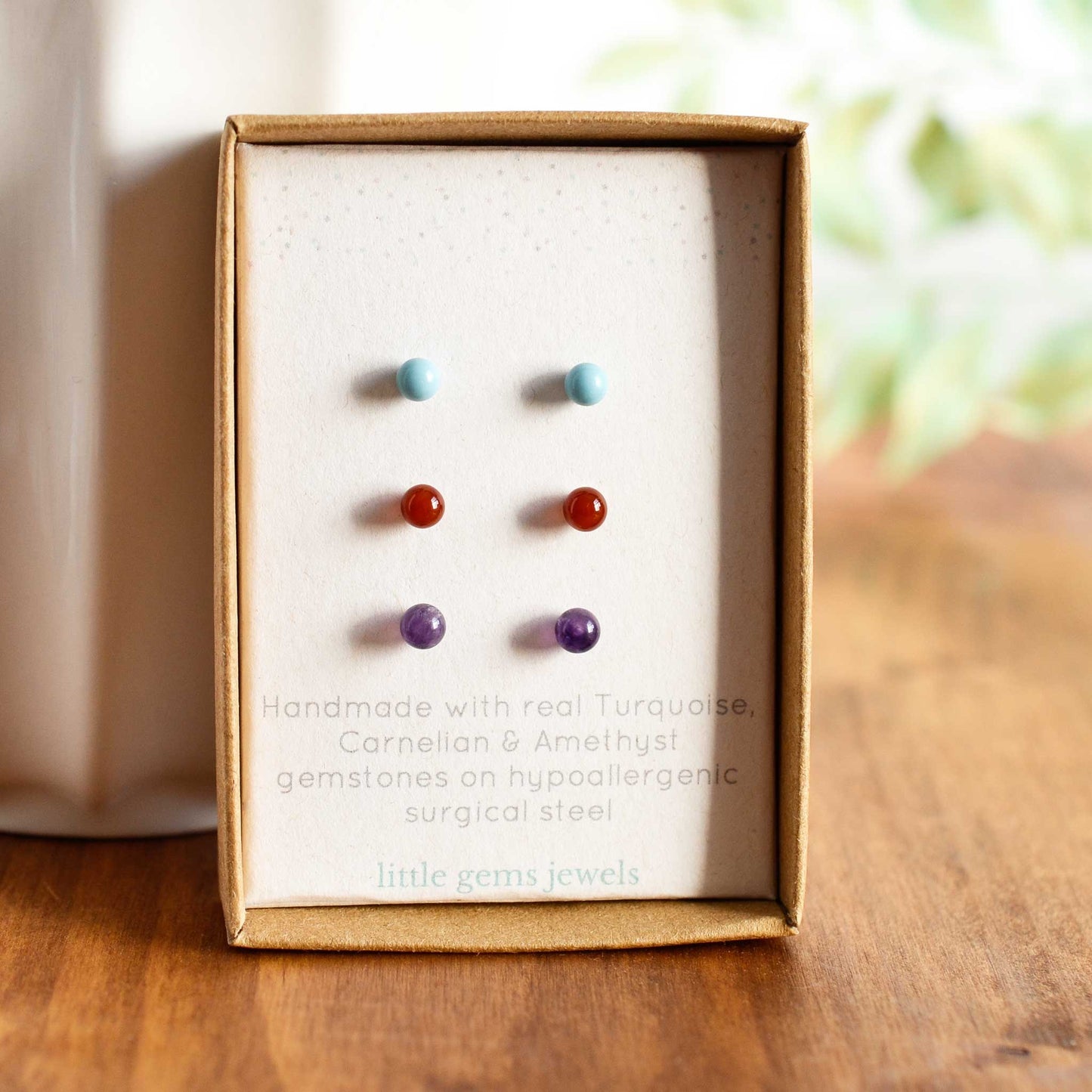 Turquoise, Carnelian & Amethyst gemstone stud earring set in eco friendly gift box