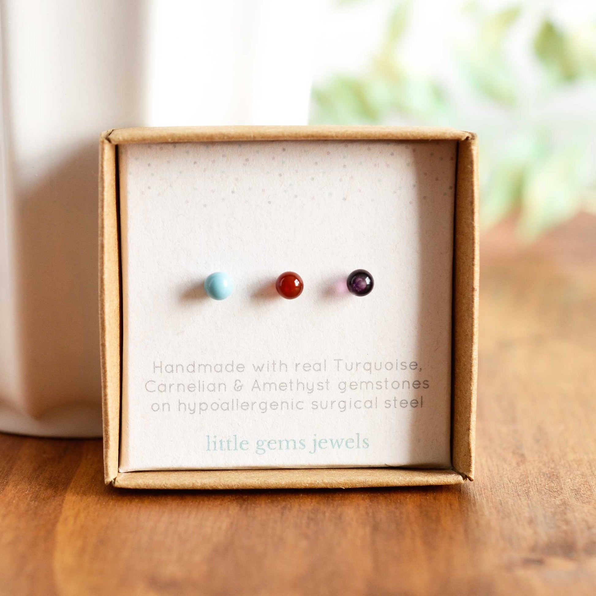 Turquoise, Carnelian & Amethyst single stud earrings in eco friendly gift box