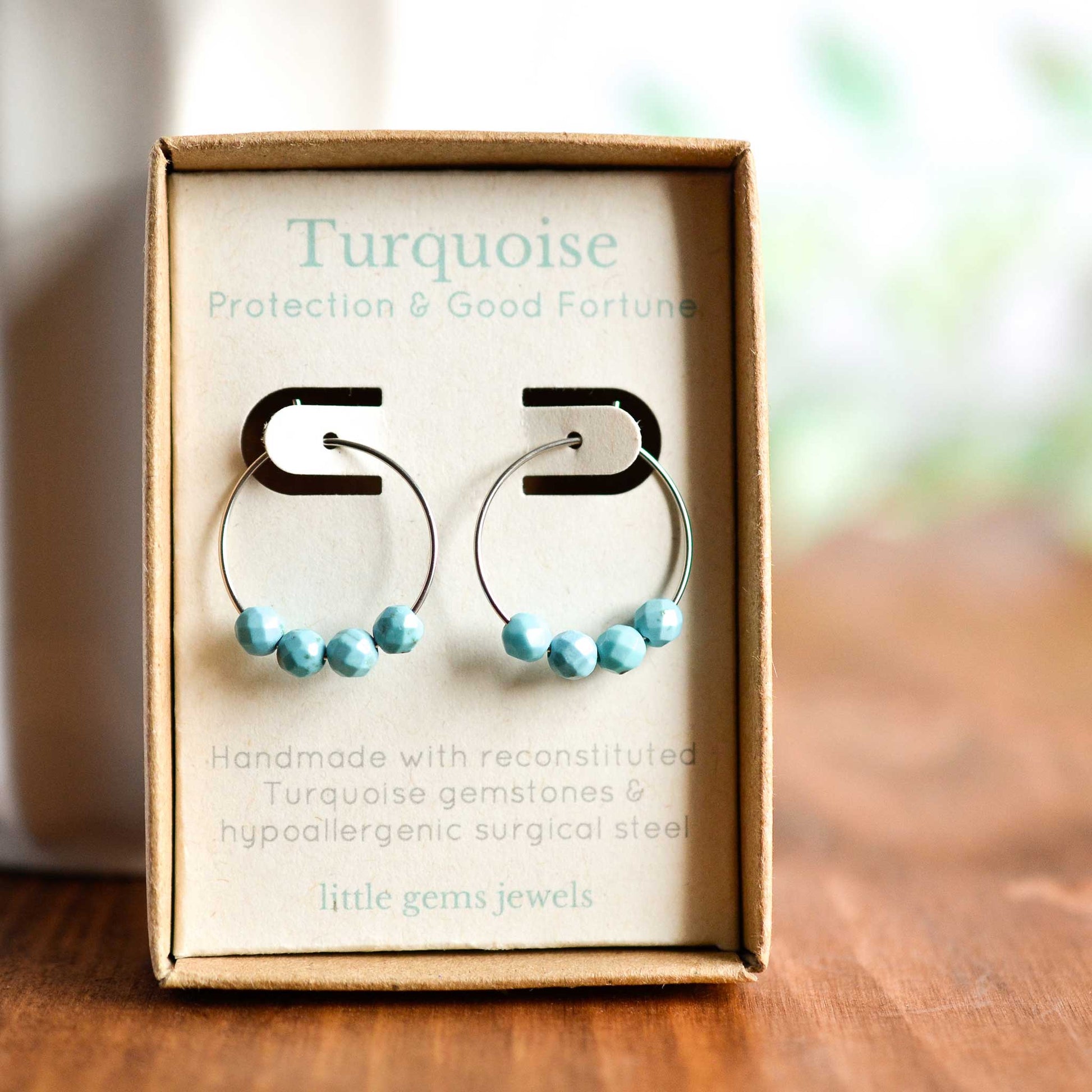 Turquoise gemstone hoop earrings in gift box