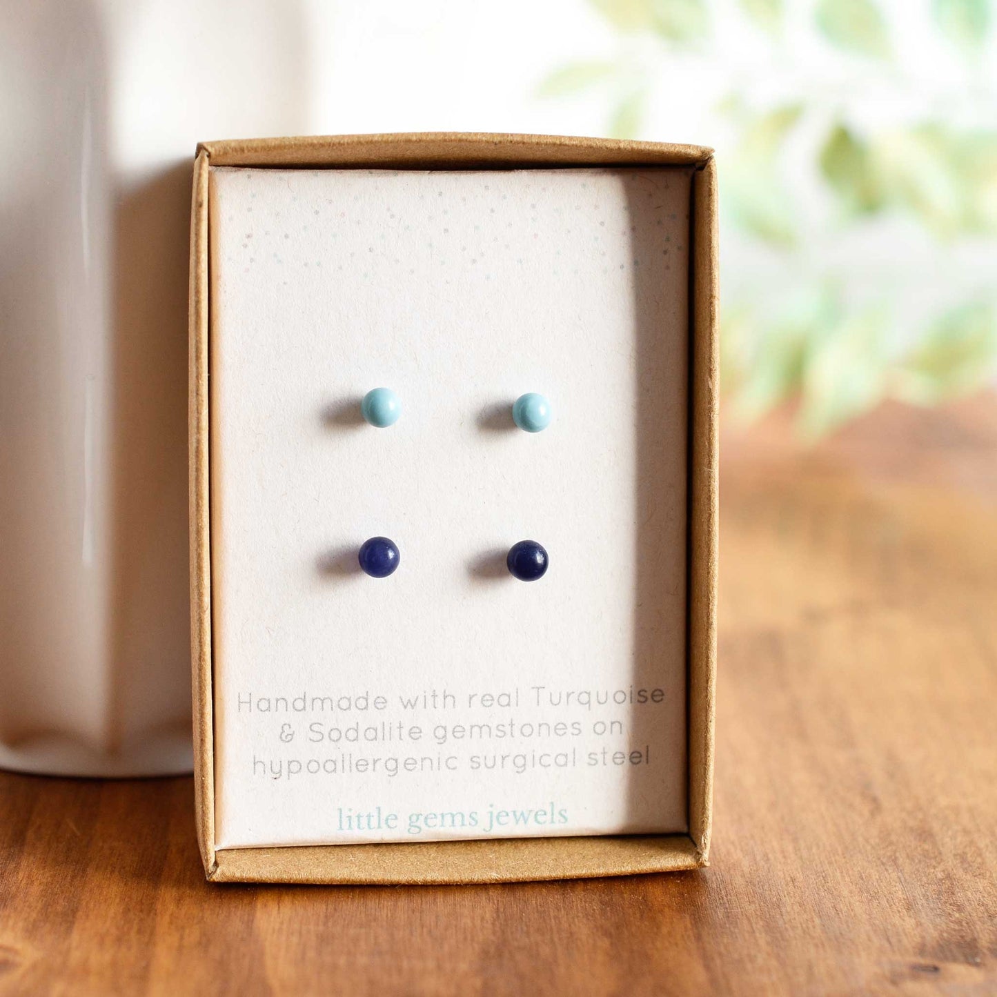 Turquoise & Sodalite gemstone stud earrings in eco friendly gift box
