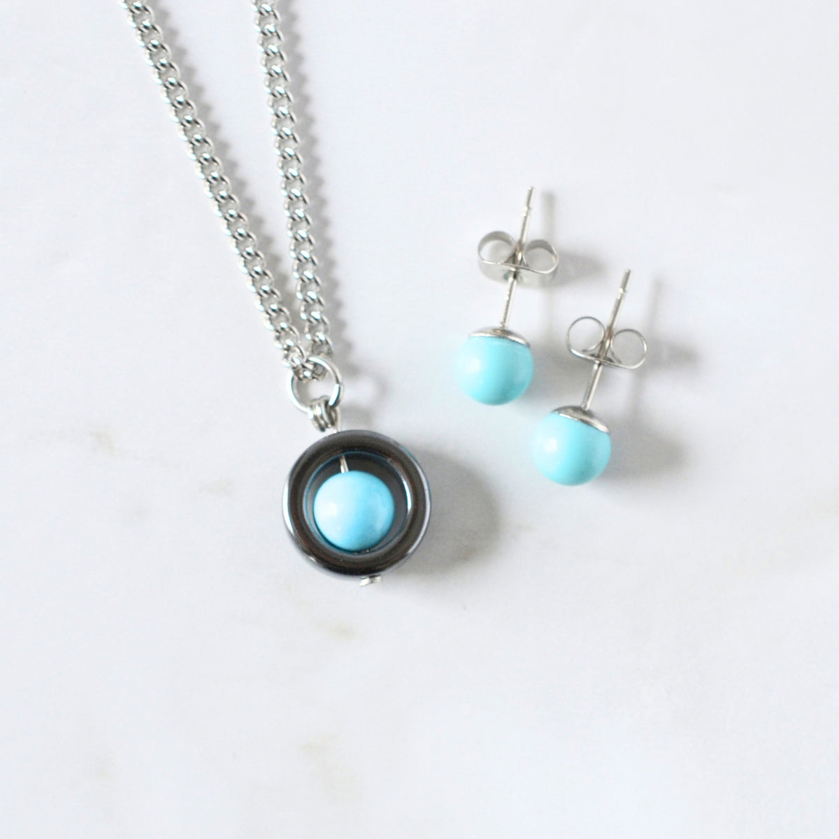 Turquoise Fidget Spinner Necklace & Stud Earrings Gift Set