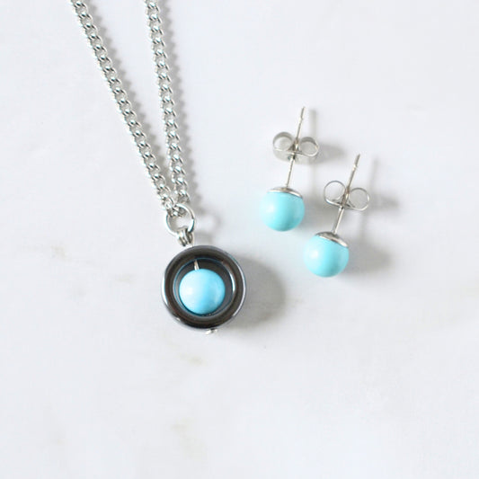 Turquoise Fidget Spinner Necklace & Stud Earrings Gift Set