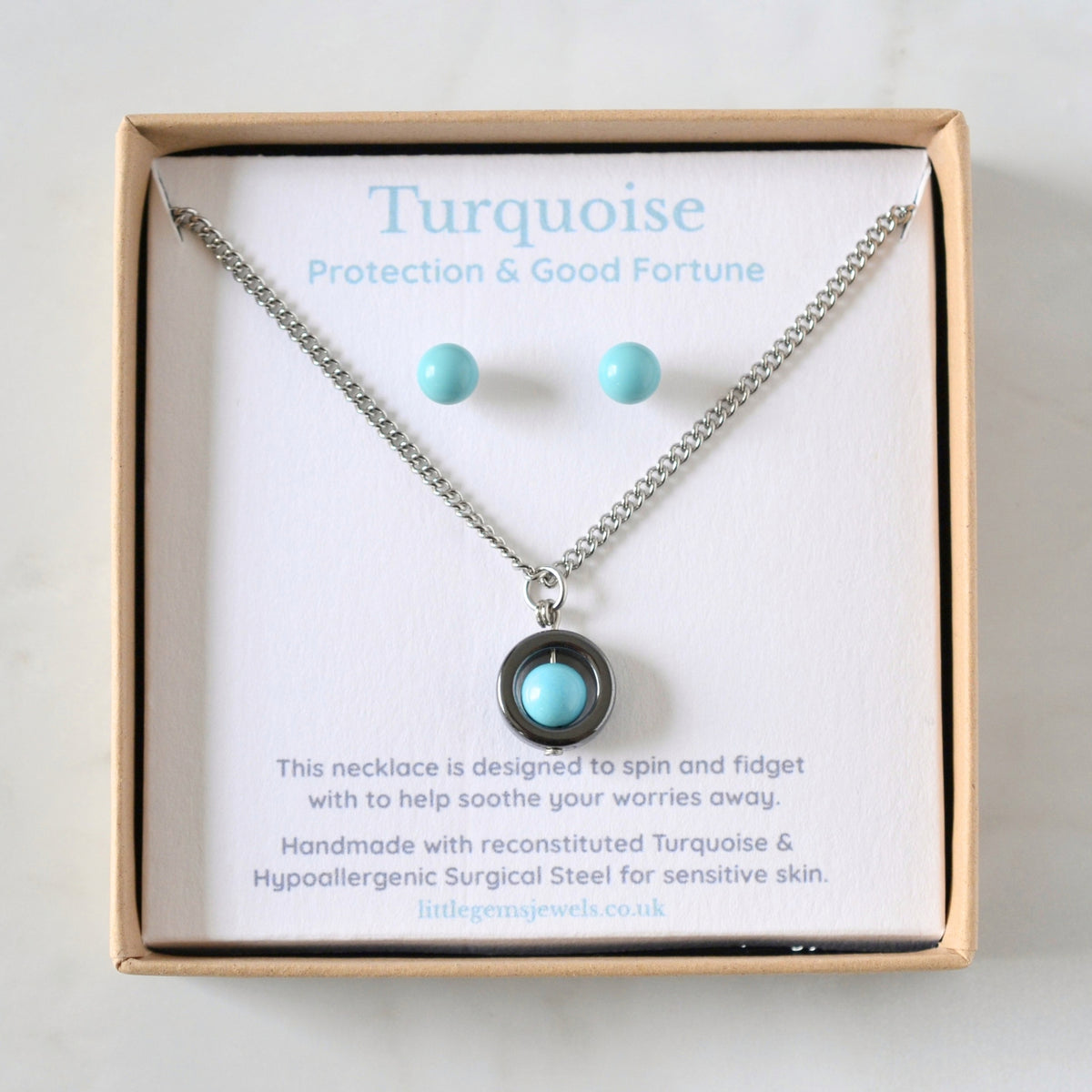 Turquoise Fidget Spinner Necklace & Stud Earrings Gift Set