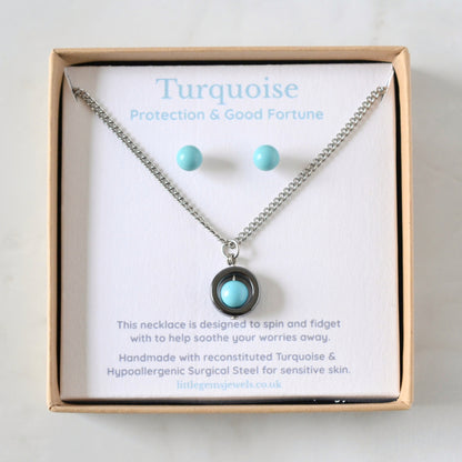 Turquoise Fidget Spinner Necklace & Stud Earrings Gift Set