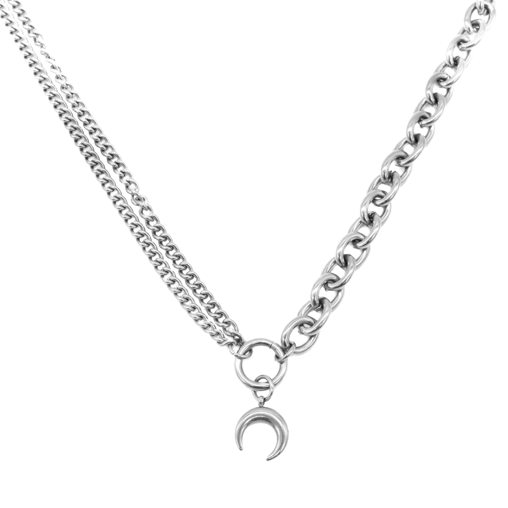 Stainless steel chain necklace with a crescent moon pendant on a white background