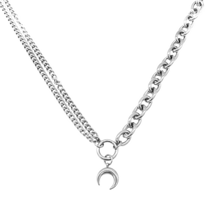 Stainless steel chain necklace with a crescent moon pendant on a white background