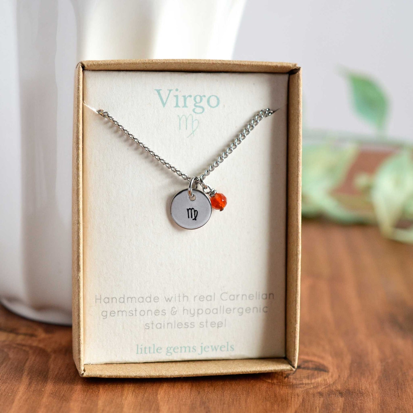 Virgo zodiac sign and stone necklace in eco-friendly gift box