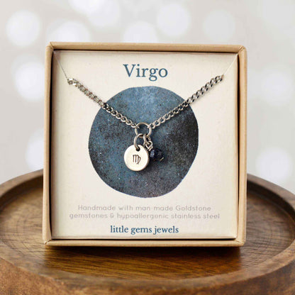 Dainty Virgo zodiac sign necklace in eco-friendly gift box on wooden coaster