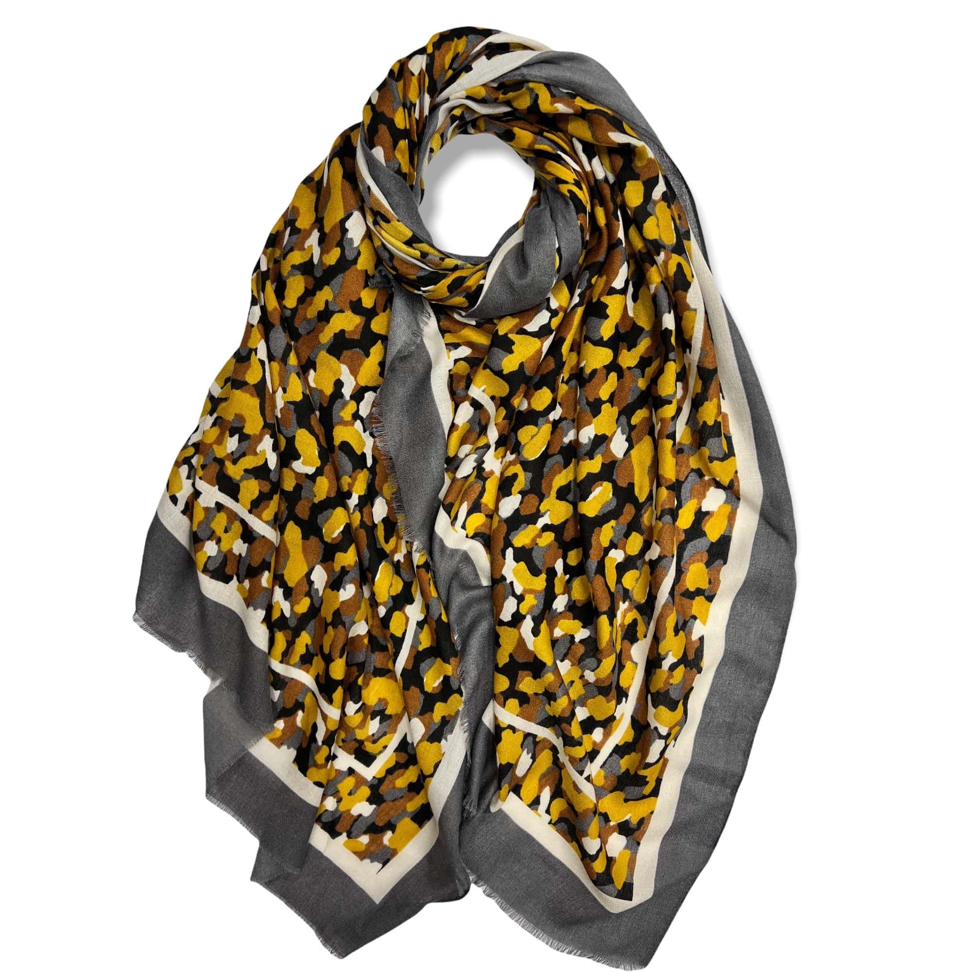 Scarf with yellow and black pattern on a white background