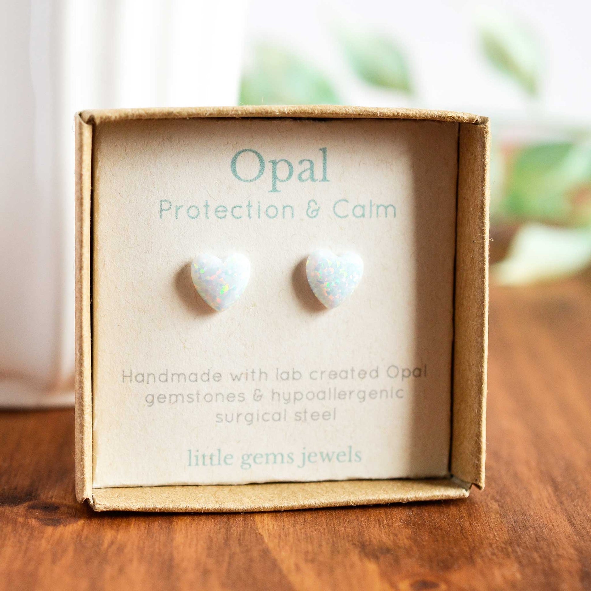 White lab created Opal heart stud earrings in gift box