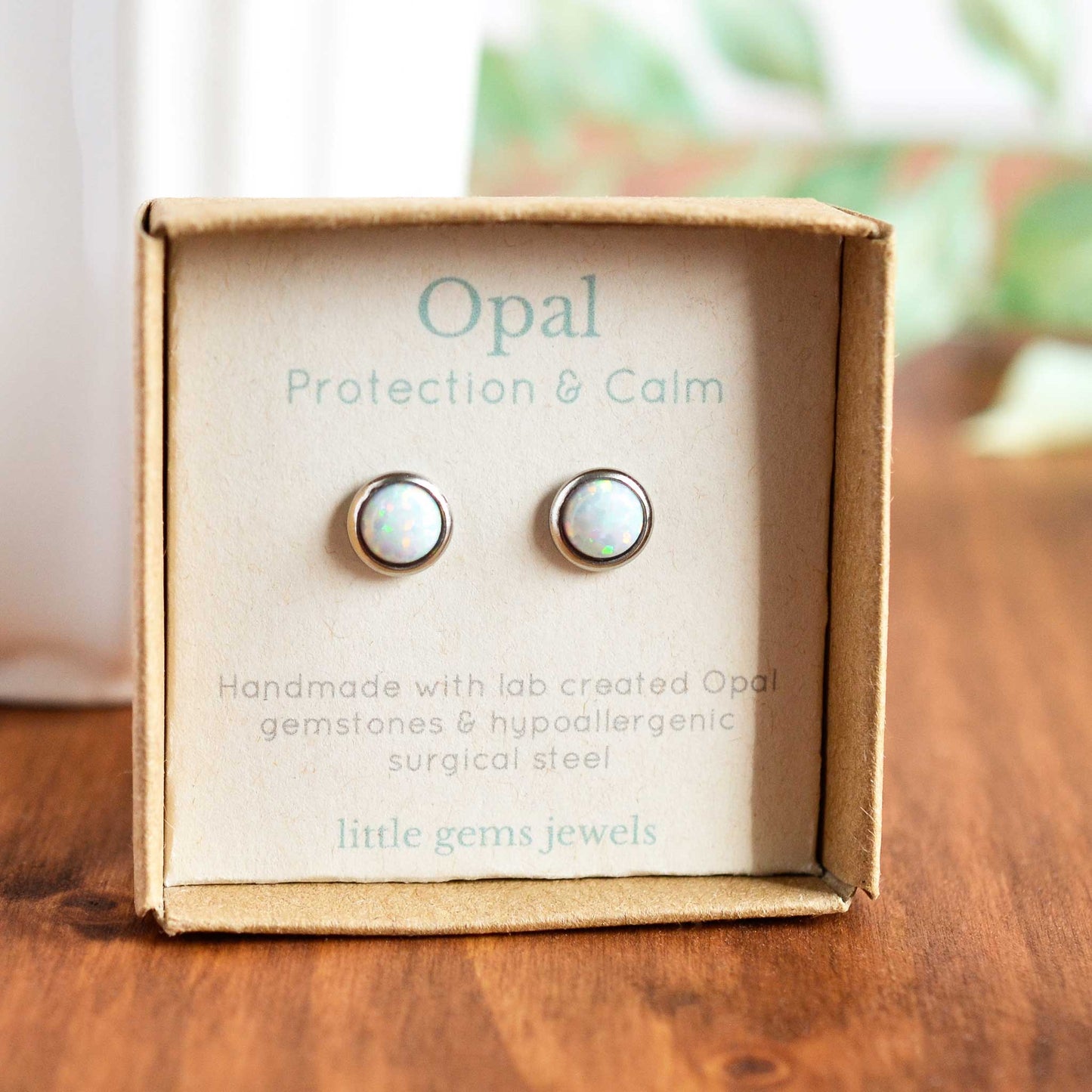 White lab created Opal gemstone stud earrings in gift box
