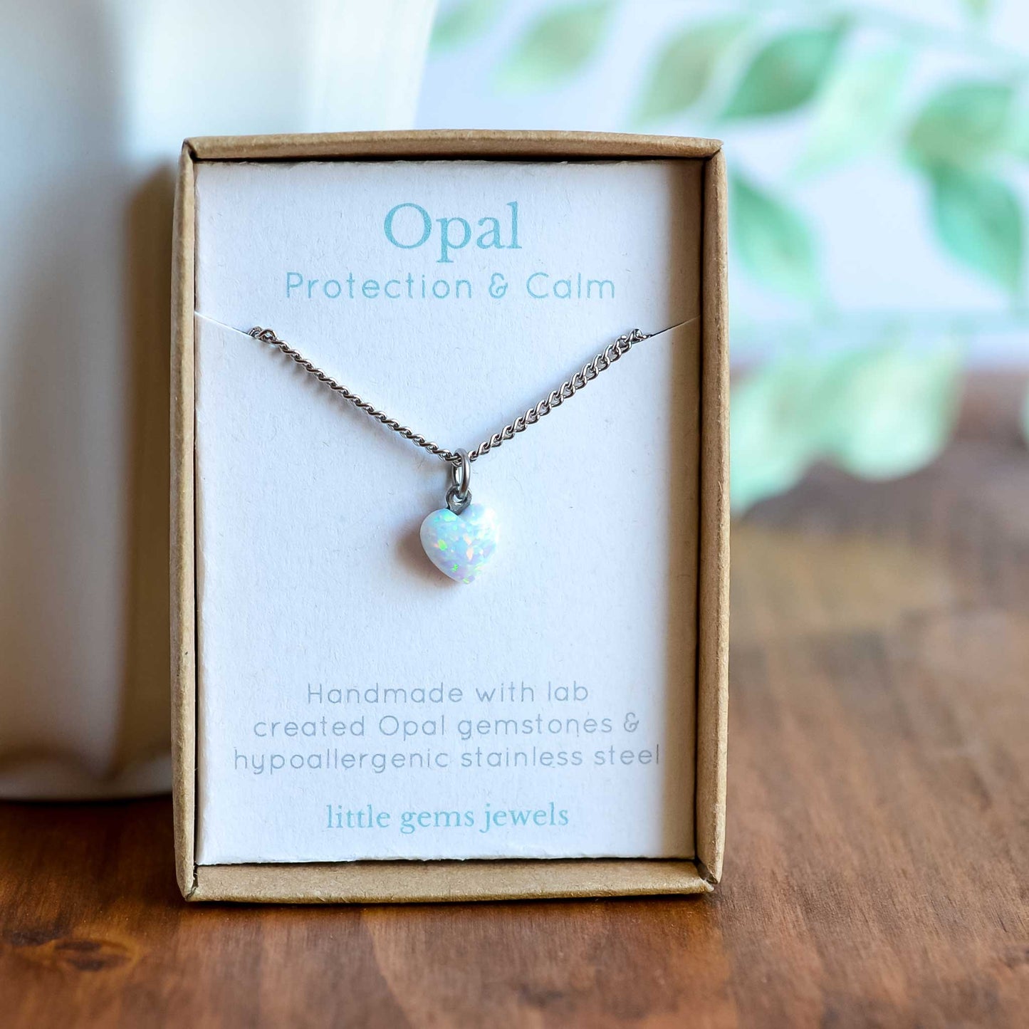 White lab created Opal heart pendant necklace in gift box