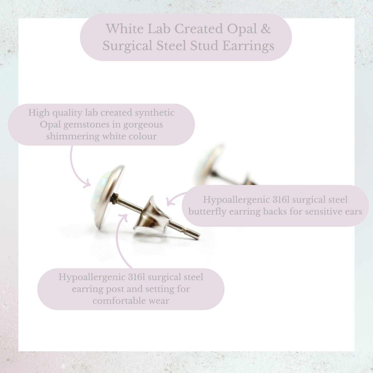 White Lab Created Opal & Surgical Steel Stud Earrings Product Information Graphic