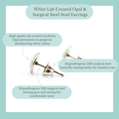 White Lab Created Opal & Surgical Steel Stud Earrings Product Information Graphic
