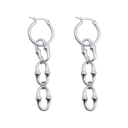 Stainless steel hoop earrings with chain links on a white background