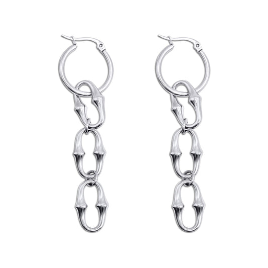 Stainless steel hoop earrings with chain links on a white background