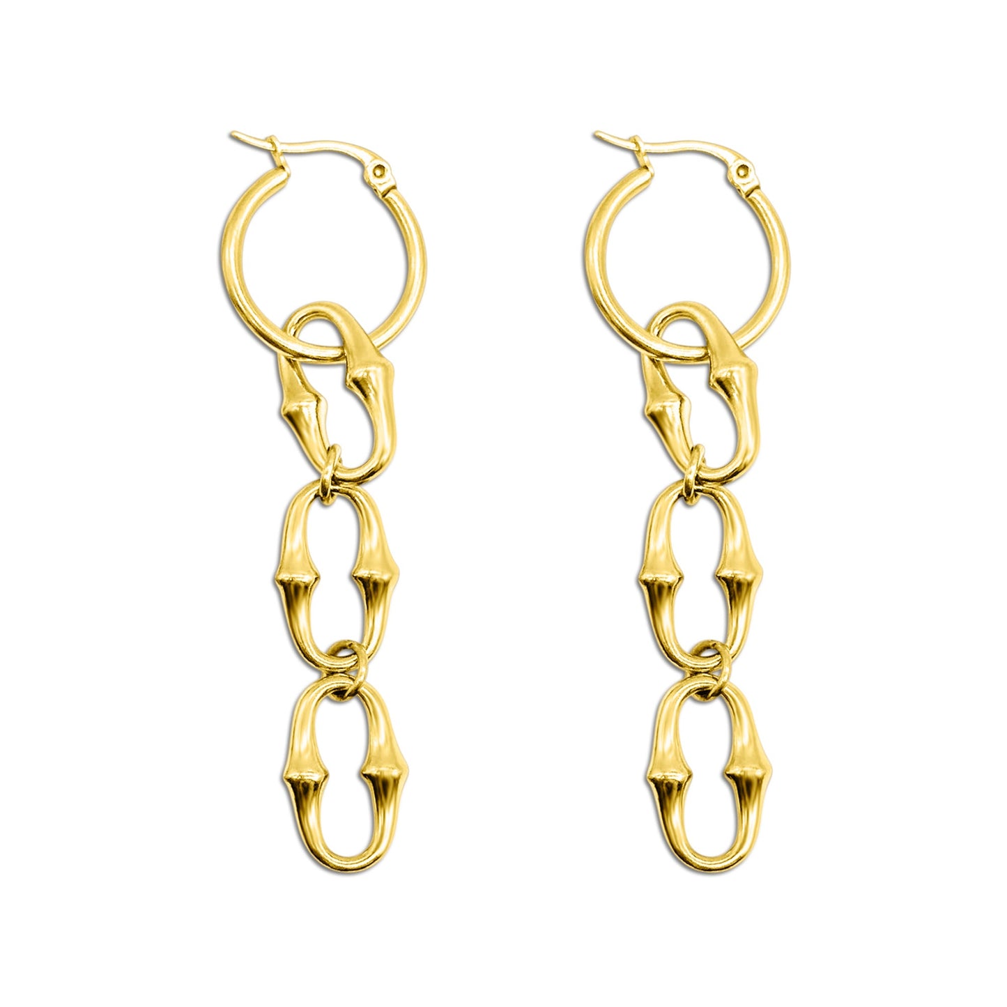 Gold hoop earrings with chain links on a white background