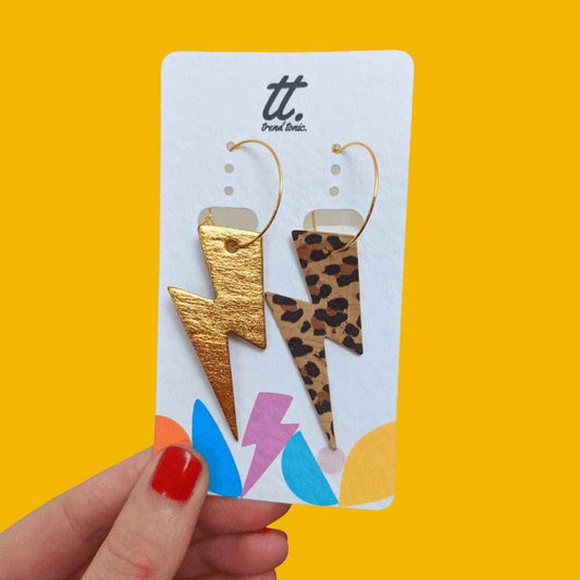 Gold and leopard lightning bolt earrings