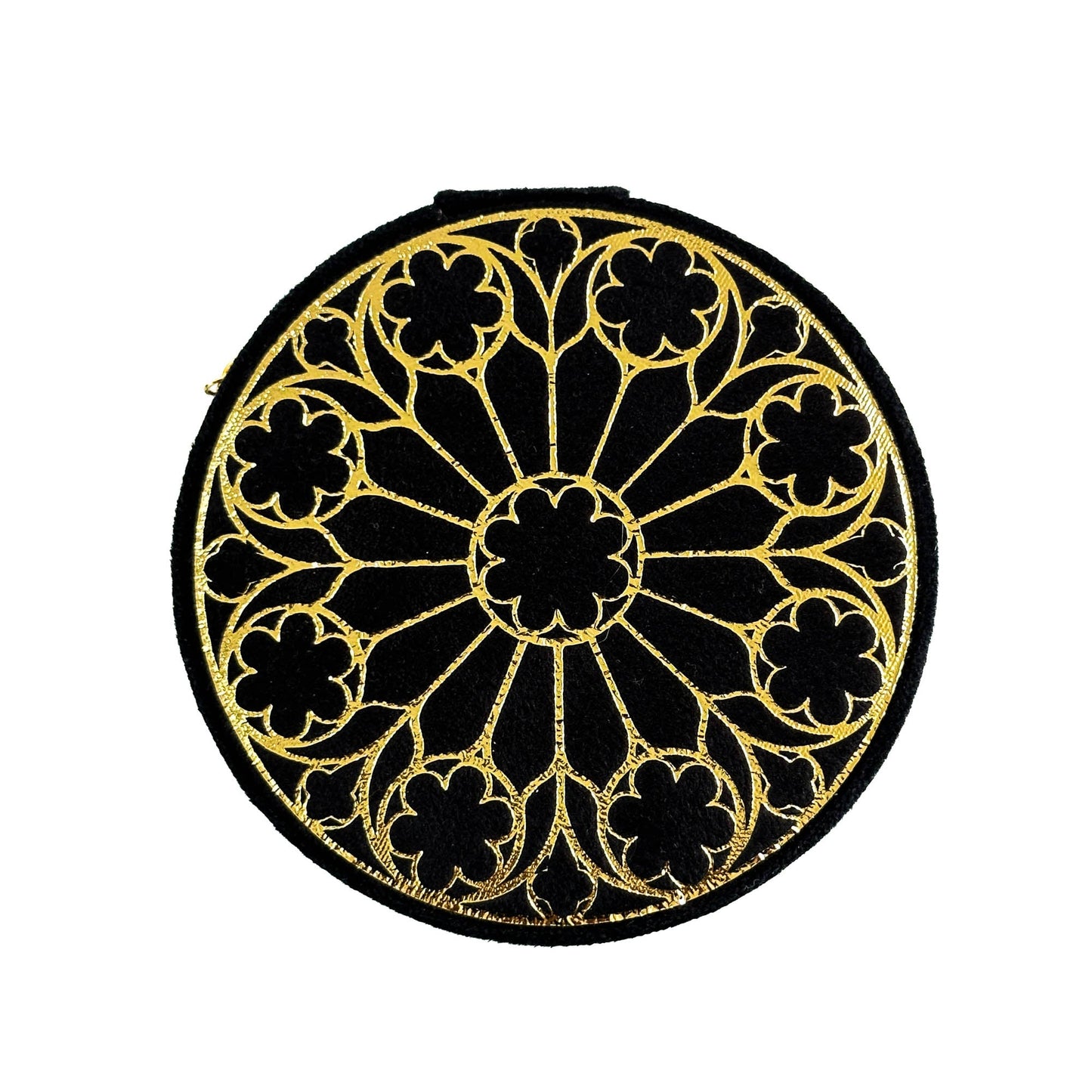Round black and gold decorative box with gold pattern on a white background