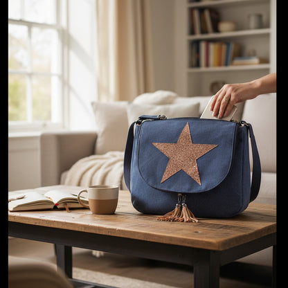Blue bag with a star design on a wooden table in a cozy living room.