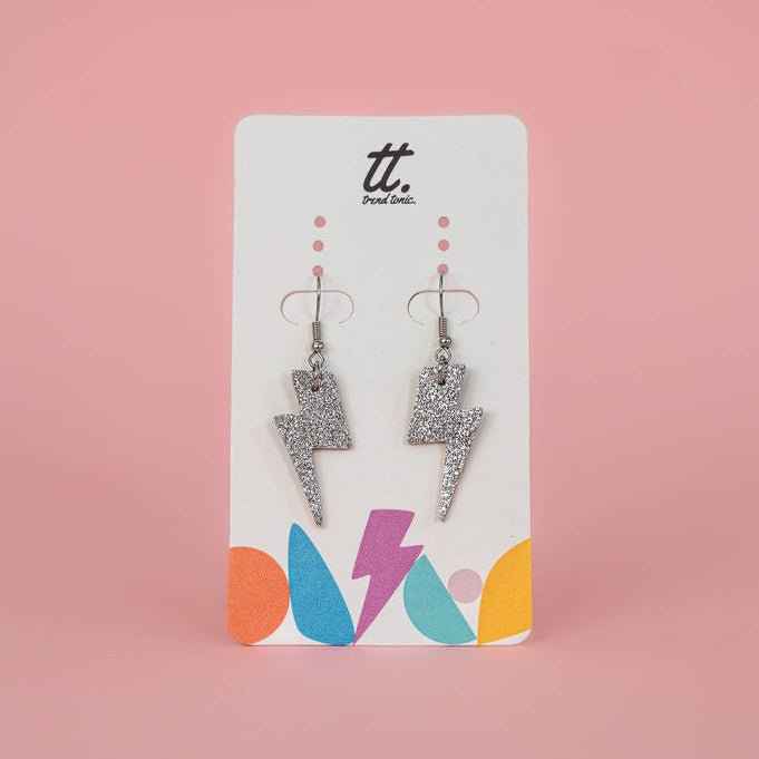 Mini silver glitter lightning bolt earrings