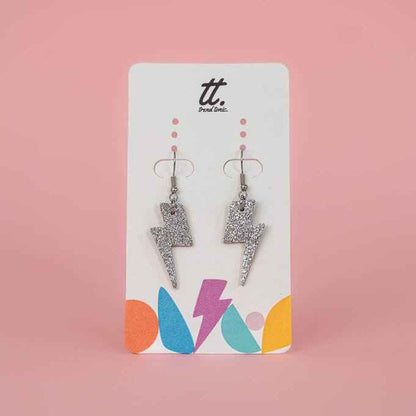 Mini silver glitter lightning bolt earrings