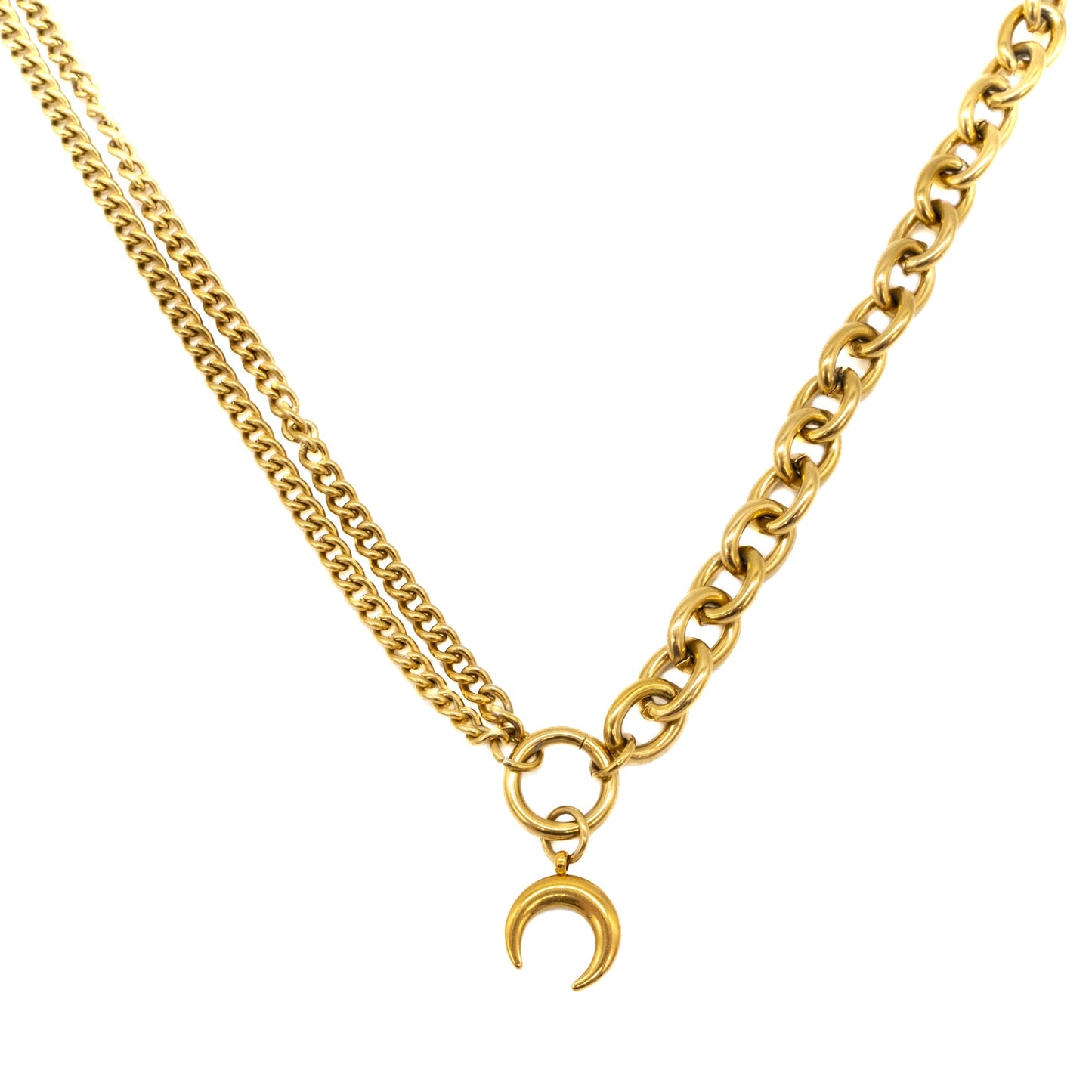 Gold chain necklace with a crescent moon pendant on a white background