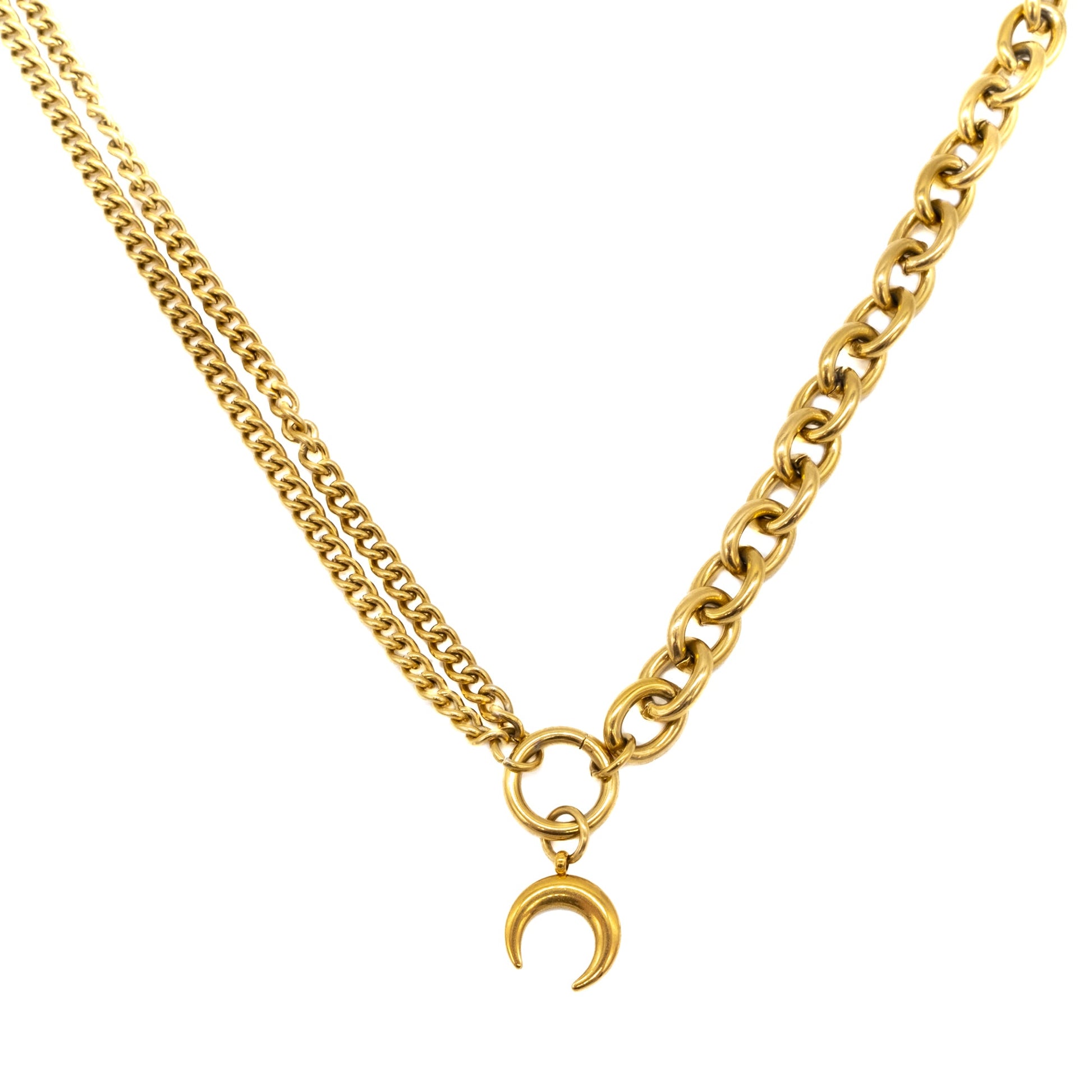 Gold chain necklace with a crescent moon pendant on a white background