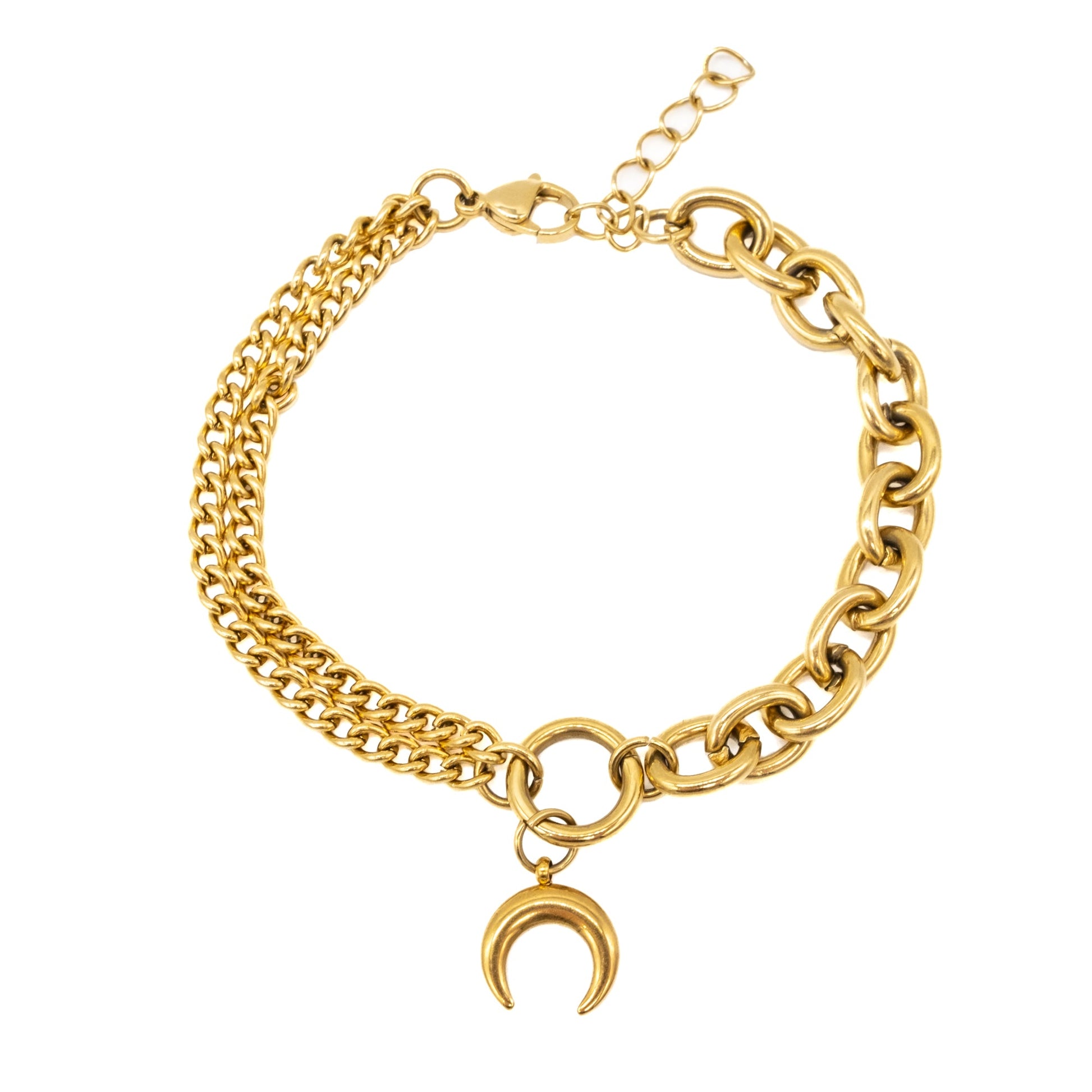 Gold chain bracelet with a crescent moon charm on a white background