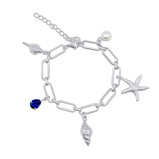 Stainless steel bracelet with various charms including a blue heart, starfish, and others on a white background