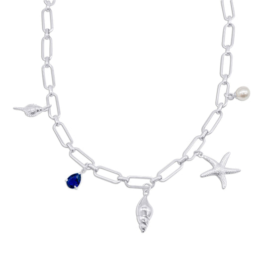 Stainless steel chain necklace with various charms on a white background