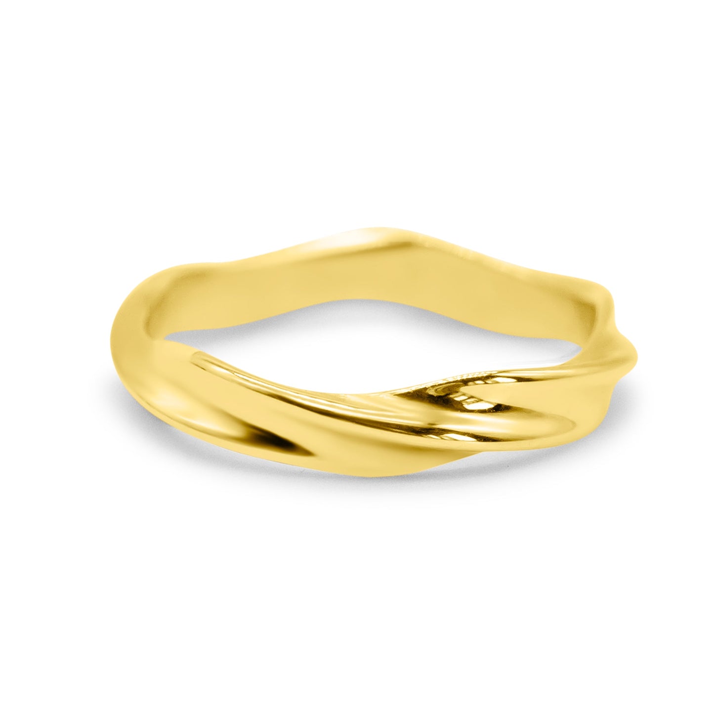 Gold ring with a wavy design on a white background