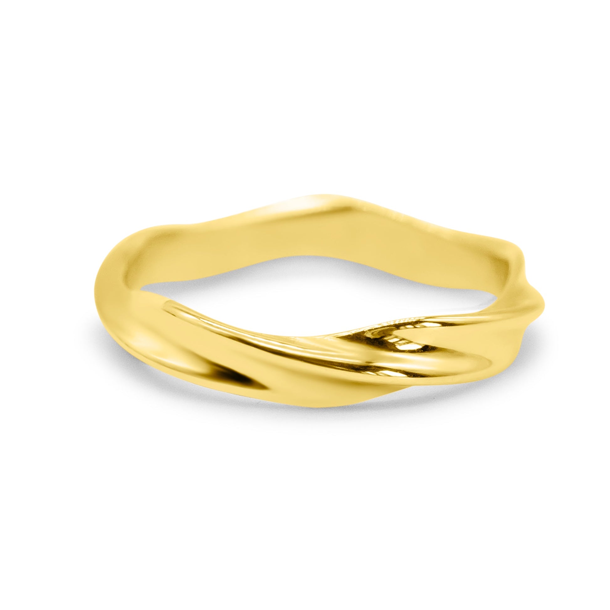 Gold ring with a wavy design on a white background