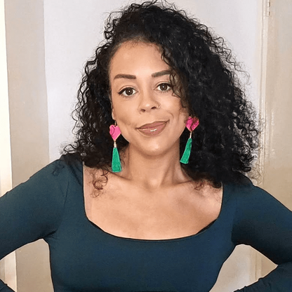 Neon pink heart and gold green tassel earrings