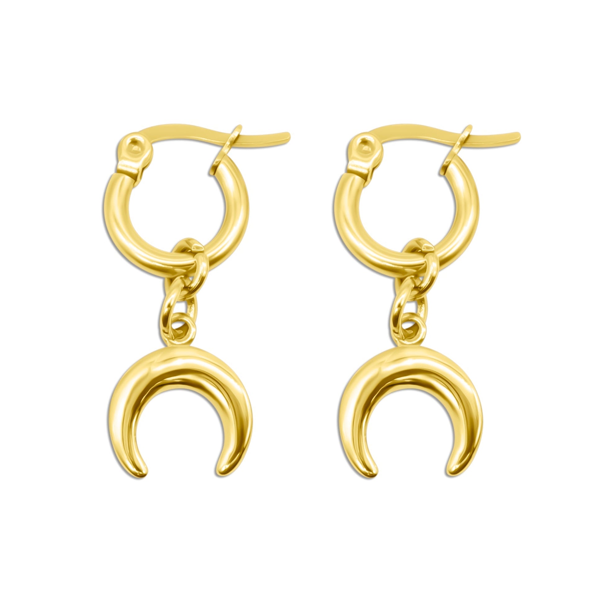 Gold hoop earrings with crescent moon charms on a white background