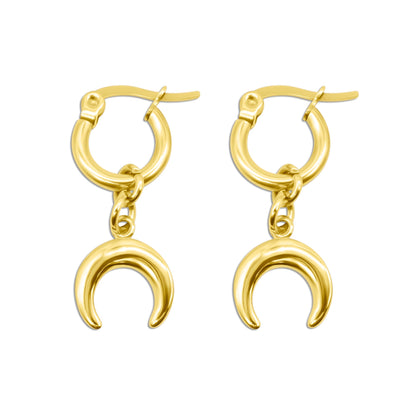 Gold hoop earrings with crescent moon charms on a white background