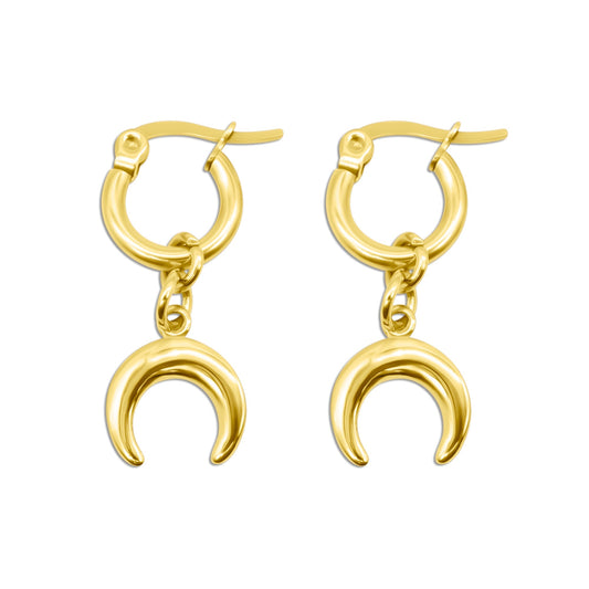 Gold hoop earrings with crescent moon charms on a white background